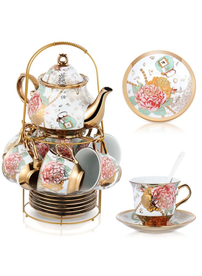 يُسلِّم طقم شاي من البورسلين مكون من 20 قطعة مع حامل معدني وملعقة، طقم شاي سيراميك مزين برسومات زهور أوروبية، إبريق شاي، كوب، صحن، وملعقة، للنساء، مقاس كبير - Image 1